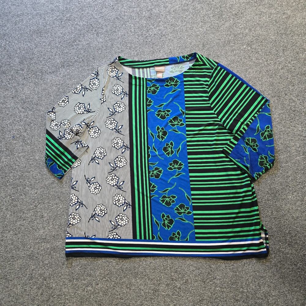 Chicos Top Womens XXL Blue Floral Colorblock Stretch No Iron 3/4 Sleeve Casual